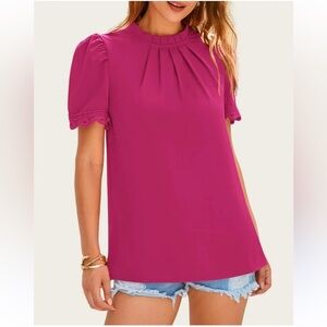 NWT casual dressy fuchsia pink blouse short puff sleeve lace pleat up collar XXL